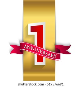 1st anniversary logo with golden label with red ribbon, Vector design template elements for your birthday party.