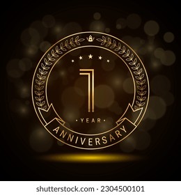 1st anniversary logo with golden laurel wreath and double line numbers, template design for anniversary celebration event, double line style vector design
