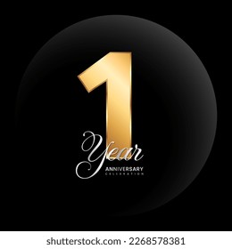 1st Anniversary logo. Golden number with silver color text. Logo Vector Template Illustration