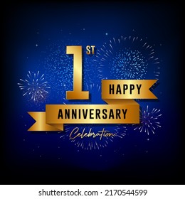 1st anniversary logo with golden ribbon for booklets, leaflets, magazines, brochure posters, banners, web, invitations or greeting cards. Vector illustrations.