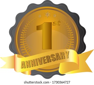 1st anniversary logo with golden ring, vector design for greeting card and invitation card