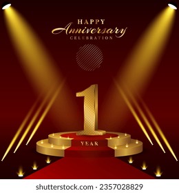 1st anniversary logo with numbers and podium in gold color, logo design for celebration event, invitation, greeting card, banner, poster, and flyer, vector template