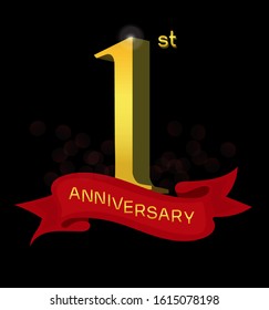 1st anniversary logo with red ribbon isolated on elegant black background, vector design for celebration purpose