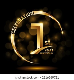 Logo für den 1. Jahrestag, Template-Design für Jubiläumsfeier mit goldenem Ring und Text, Vektorgrafik