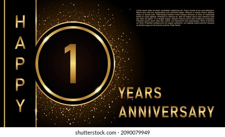 Plantilla del logo del primer aniversario Diseño vectorial celebración del cumpleaños, emblema del aniversario de oro con anillo. Diseño de folletos, folletos, revistas, folletos, afiches, web, invitación o tarjeta de saludo.