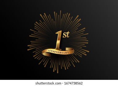 1st anniversary logotype with fireworks and golden ribbon, isolated on elegant background. vector anniversary for celebration, invitation card, and greeting card.