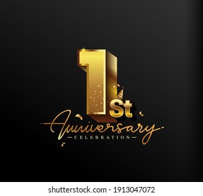 1st Anniversary Logotype with Gold Confetti Isolated on Black Background, Vector Design for Greeting Card and Invitation Card