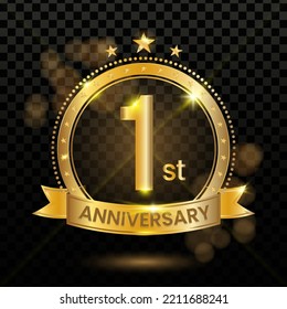 1st Anniversary Logotype with Gold Confetti Isolated on Black Background, Vector Design for Greeting Card and Invitation Card