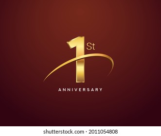 1st anniversary logotype golden color with swoosh, isolated on elegant background for anniversary celebration event.