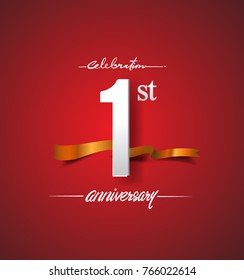 1st anniversary logotype with golden ribbon isolated on red elegance background, vector design for birthday celebration, greeting card and invitation card.