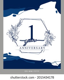 1st Anniversary logotype with hand drawn background blue color for celebration event, wedding, greeting card, and invitation.