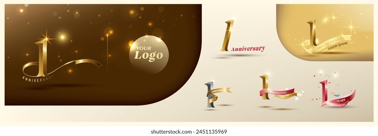 1st anniversary logotype modern gold number with shiny ribbon. alternative logo number Golden anniversary celebration