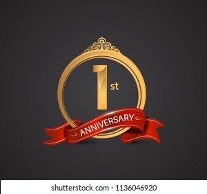 1st anniversary logotype style design luxury  golden color and ornament with warp red ribbon for company celebration event