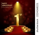 1st Anniversary. Perfect template design with golden podium for celebration events, weddings, greeting cards and invitation cards. Vector illustration
