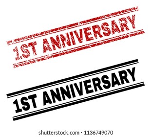 1ST ANNIVERSARY stamp seal print with red corroded and clean black version. Red vector rubber print of 1ST ANNIVERSARY label with corroded effect. Tags are placed between double parallel lines.