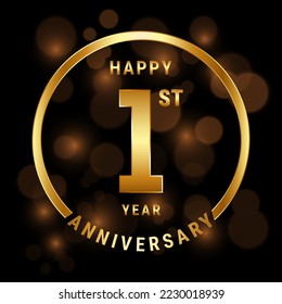 1st Anniversary. Anniversary template design with gold ring for celebration event, wedding, invitation and greeting card. Vector illustration