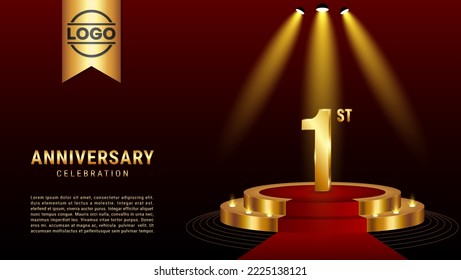 1st Anniversary. Template design with golden stage for celebration event, wedding, greeting card and invitation card. Vector illustration EPS10