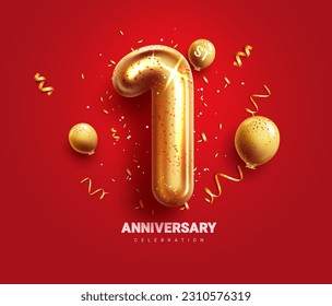 1st anniversary vector design. First year anniversary celebration with number one gold metallic color balloon elements. Vector illustration greeting card in elegant red background. 