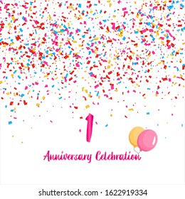 1st anniversary vector square background, white background with three colors ornament and pink font, editable vector eps 10