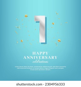 1st anniversary vector template with a white number and confetti spread on a gradient background