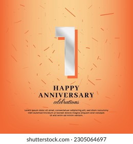 1st anniversary vector template with a white number and confetti spread on an orange background
