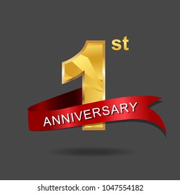 1st anniversary year celebration logotype. Logo gold numbers and ribbon gray background. 