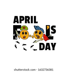 1st april - world fools day greeting card with happy yellow warrior face emoji on white background. Cute funny smiley and font - april fool's day. Vector illustration