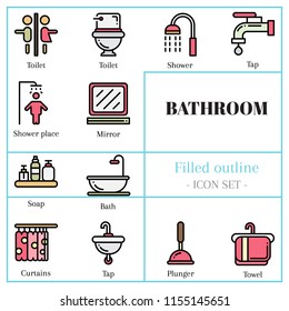 1st bathroom icon set. The icon are filled outline icon. Illustration.