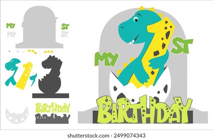 1st birthday baby, dinosaur. a three-dimensional postcard template, DAY. vector Layout, cute prehistoric animal and plants, for paper cutting