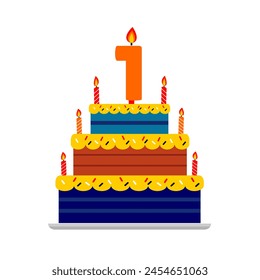 1st birthday cake blue and chocolate with numeric candle. cartoon style tart cake happy birthday for kids illustration. Cake element. Celebration tart. Editable vector
