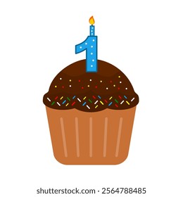 1st Birthday Cake. Chocolate cupcake clip art vector. Cupcake with colourful mess candy isolated on a white background. Anniversary cake. Birthday cake. Valentine cupcake