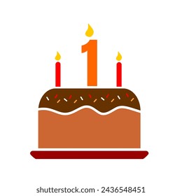 1st birthday cake element illustration. kids tart birthday. anniversary cake. numeral red candle.
