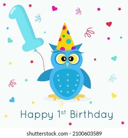 1st Birthday Greeting Card With Owl Holding A Ballon.