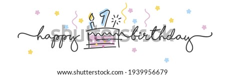 1st Birthday handwritten typography lettering for Greeting card with colorful big cake, sparkle firework, number, candle and confetti