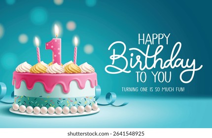 1st birthday invitation card clipart. Happy birthday greeting and wishes text with party cake and number one candle toppings for girl celebration in blue background vector illustration.  
