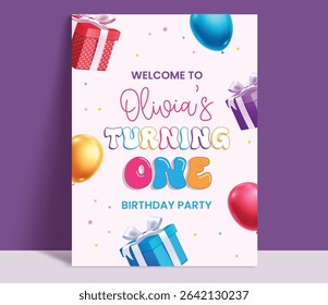 1st birthday invitation card clipart poster. Birthday one year old invitation, greeting and wishes card template for party celebration tags design vector illustration. 
