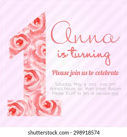 1st Birthday Invitation. Girls Birthday Invitation with the number 1 of watercolor flowers