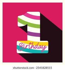 1st birthday logo with decorative colorful stripped numeber 1. First birthday celebration greeting card kids doddle lettering 3d text effect on pink background.