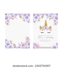 1st birthday party invitation with beautiful unicorn surrounded by glitters and violet roses. Vector template