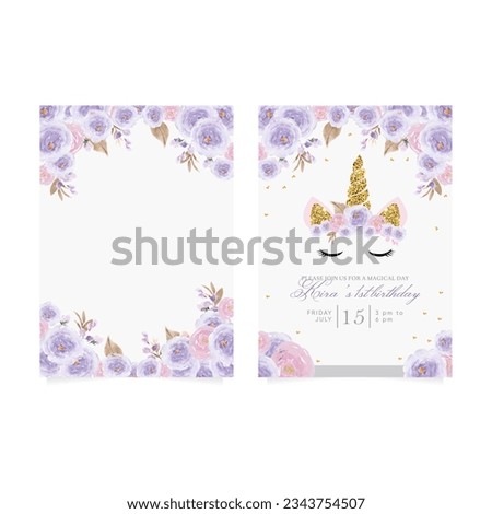 1st birthday party invitation with beautiful unicorn surrounded by glitters and violet roses. Vector template