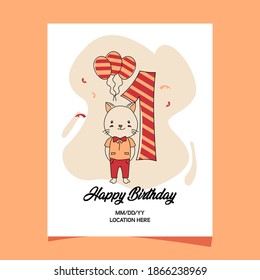 1st birthday party invitation card with cartoon baby animal cat character design