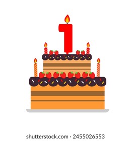 1st cake birthday chcolate with strawberry cartoon style and numeric candle and fire element. happy birthday kids cake tart. editable eps 10. strawberry cake