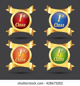 1st class label and badge gold border with banner ribbon on isolated background