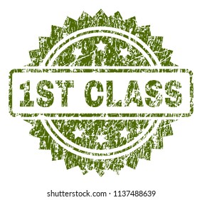 1ST CLASS stamp seal watermark with rubber print style. Green vector rubber print of 1ST CLASS tag with grunge texture.