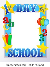1º dia de escola selfie foto frame design. De volta ao modelo de estande criativo da escola, bem-vindo ao ano acadêmico de 2025-2026. Ilustração vetorial