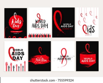1st December World Aids Day Illustration Concept With Aids Awareness Ribbon.Poster or Banner Template Set.