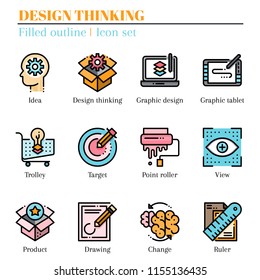 The 1st design thinking icon set. The icon are filled outline. Illustration.