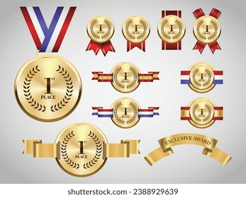 1st gold medals on ribbons realistic illustrations set