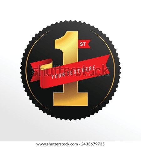 1st gold vector template with red ribbon for icon, logo, first place, medal, symbol, frame, award, anniversary, celebration, etc.