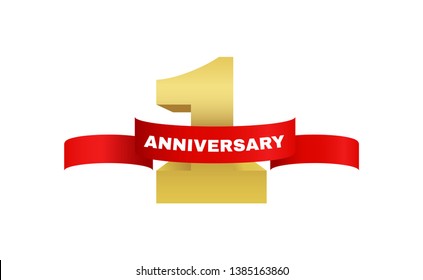 1st golden anniversary icon celebration with red ribbon. Vector template element for your first birthday party poster greeting card on white background and gold number.